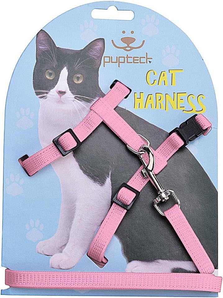 Pupteck Adjustable Cat Harness And Leash Set Escape Proof Kitten Strap Collar For Walking Travel, Pink, M