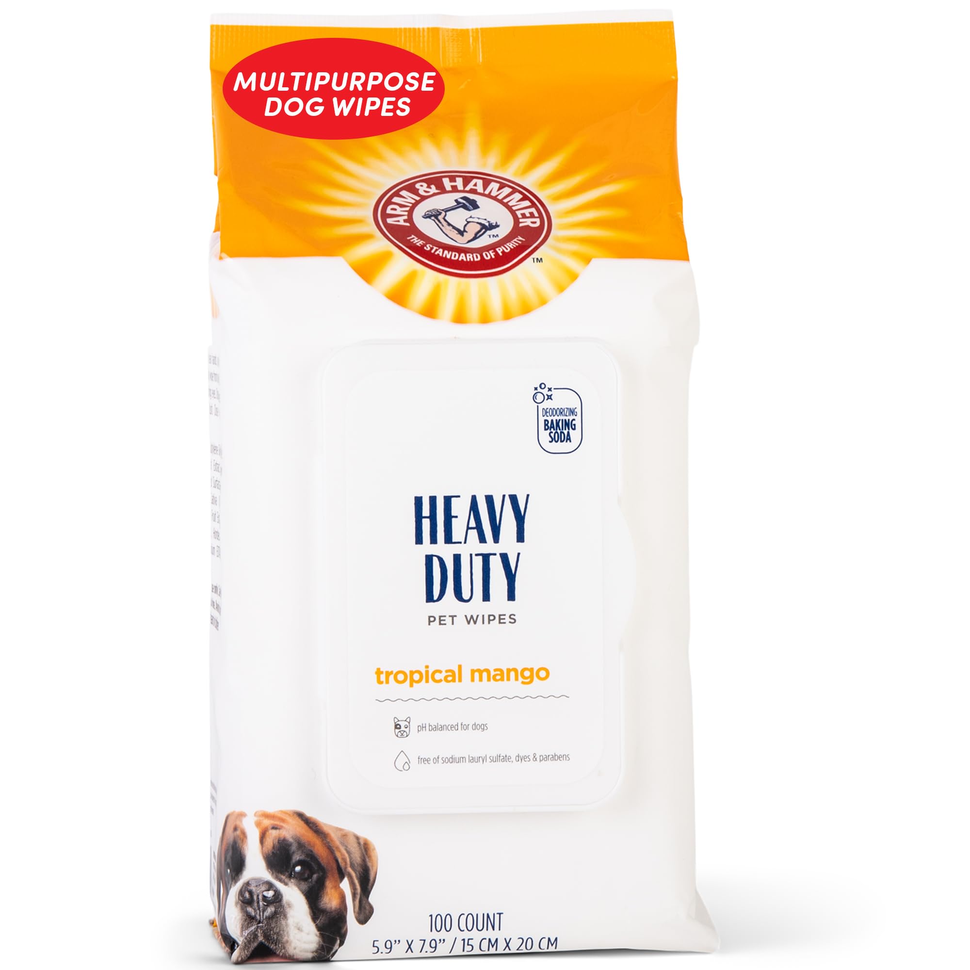 Arm & Hammer For Pets Heavy Duty Multipurpose Dog Bath Wipes, Mango Scent - Grooming Dog Wipes For Butt, Paw Wipes For Dogs, Dog Deodorant And Odor Eliminator, Pet Cleaning Wipes, 100 Count