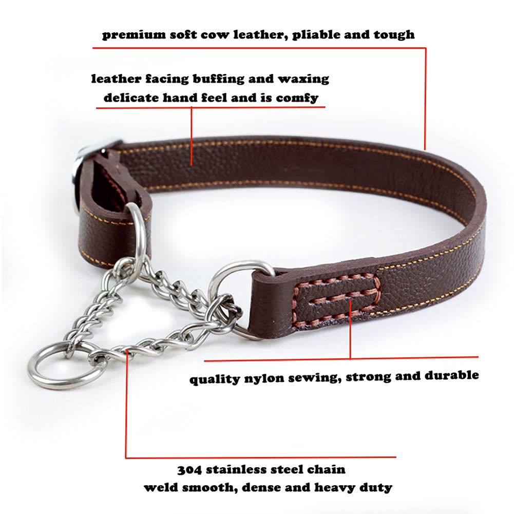 Love Dream Martingale Collars For Dogs, Leather Training Dog Collar, Stainless Steel Chain Anti-Escape No Pull Dog Collar For Medium Large Dogs (S(11.8'-16.9'), Brown)