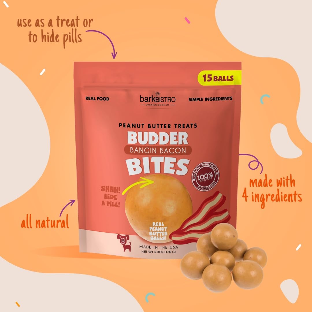 BUDDY BUDDER Bangin Bacon Bites, Natural Peanut Butter Dog Treats with Bacon Flavor, Soft Peanut Butter Ball Treat or Use to Hid