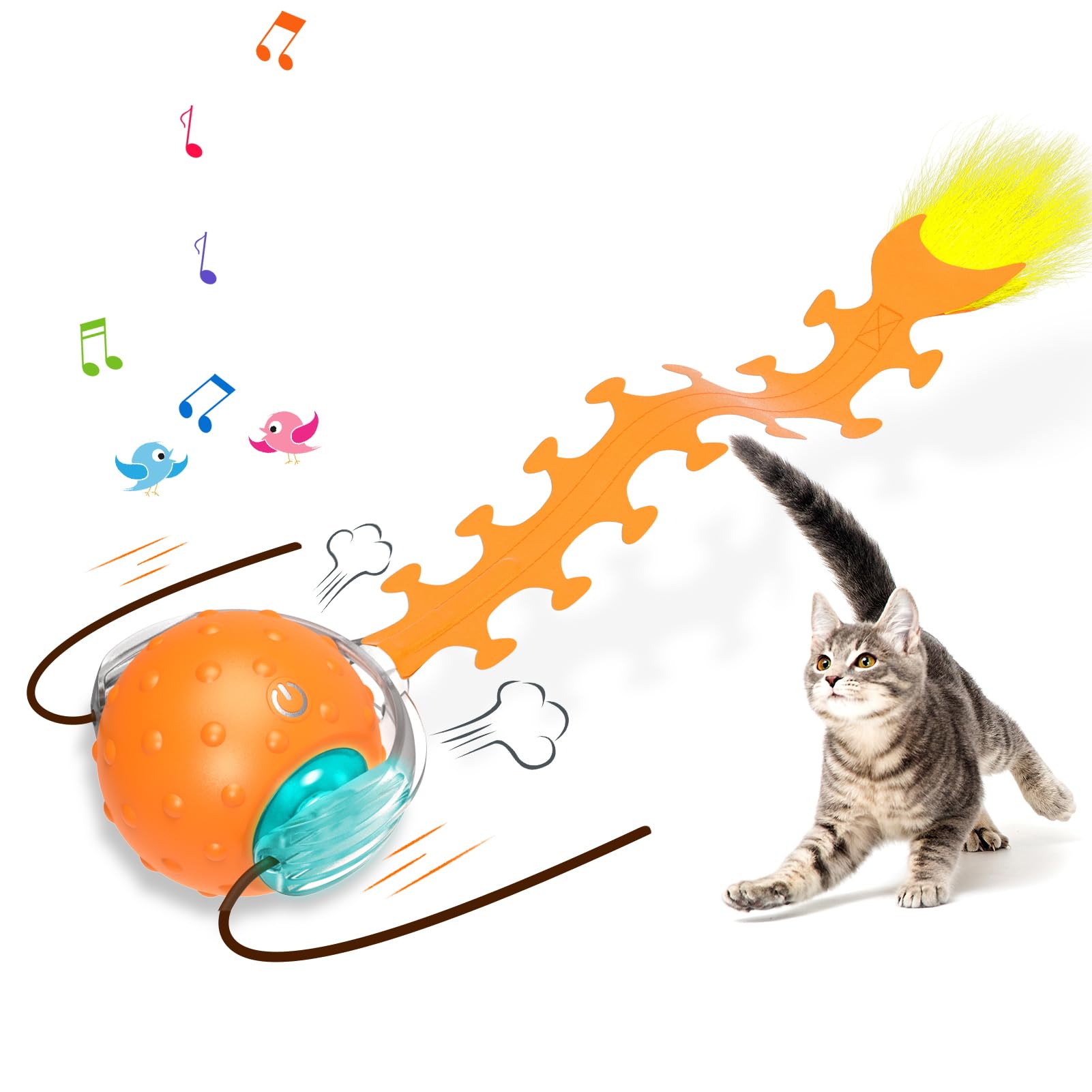 Waaiio Interactive Cat Toys For Indoor Cats, Fast Rolling Cat Ball With Centipede Tail, Birds Chirping Touch Activated Automatic