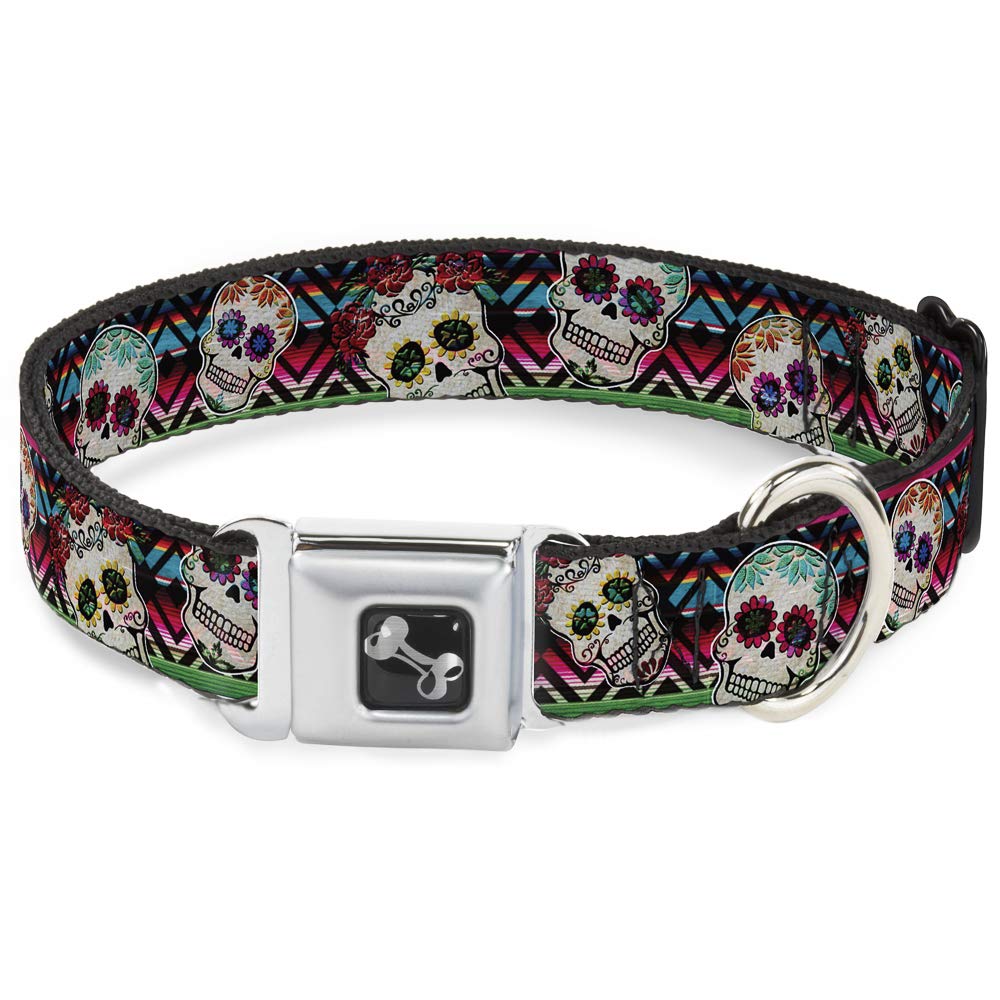Dog Collar Seatbelt Buckle Sugar Skulls Zarape Multi Color 9 To 15 Inches 1.0 Inch Wide