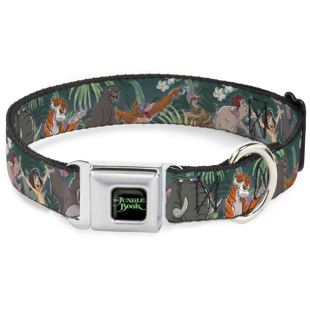 Buckle-Down Dog Collar Seatbelt Buckle The Jungle Book 8 Character Group Greens, Multicolor, 1.5'' Wide - Fits 18-32'' Neck - La