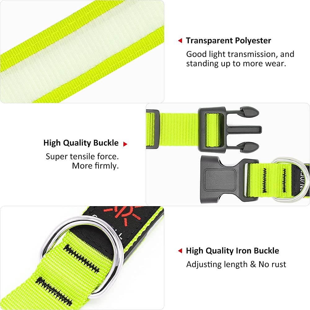 BSEEN LED Dog Collar - Rechargeable, Adjustable, Reflective, Large, Neon Green