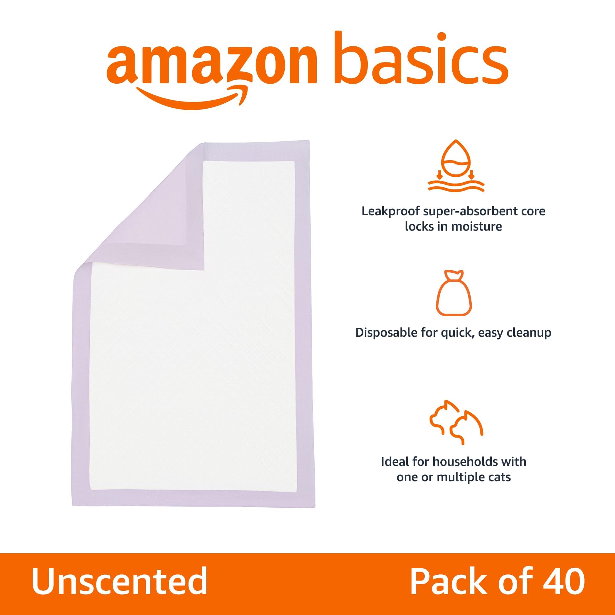 Amazon Basics Cat Litters Pee Pads, 40 Count, Universal Fit For Litter Box, Odor Control, Unscented, Purple
