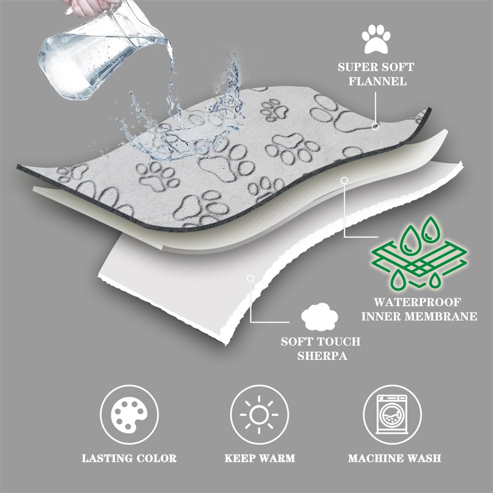 Qeils Dog Blanket - Waterproof, Washable Sherpa Fleece, 50"x60", Grey Paw Print for Large Dogs, Soft Plush Reversible Blanket