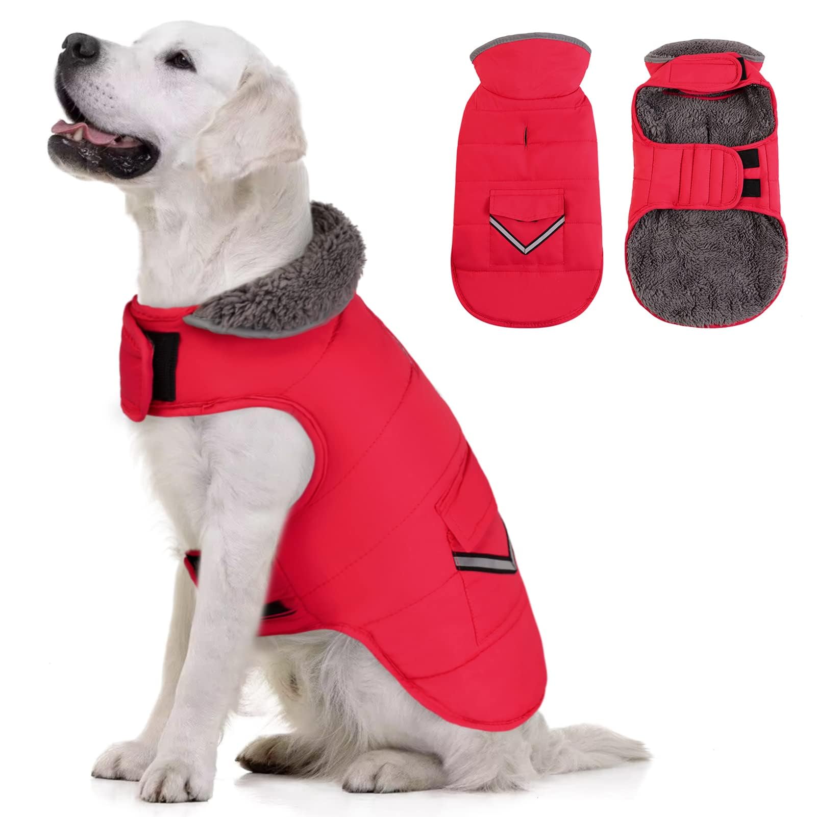 MIGOHI Winter Dog Jacket, Windproof Dog Fleece Vest with Leash Hole and Furry Collar, Reflective, Red, Small to Large