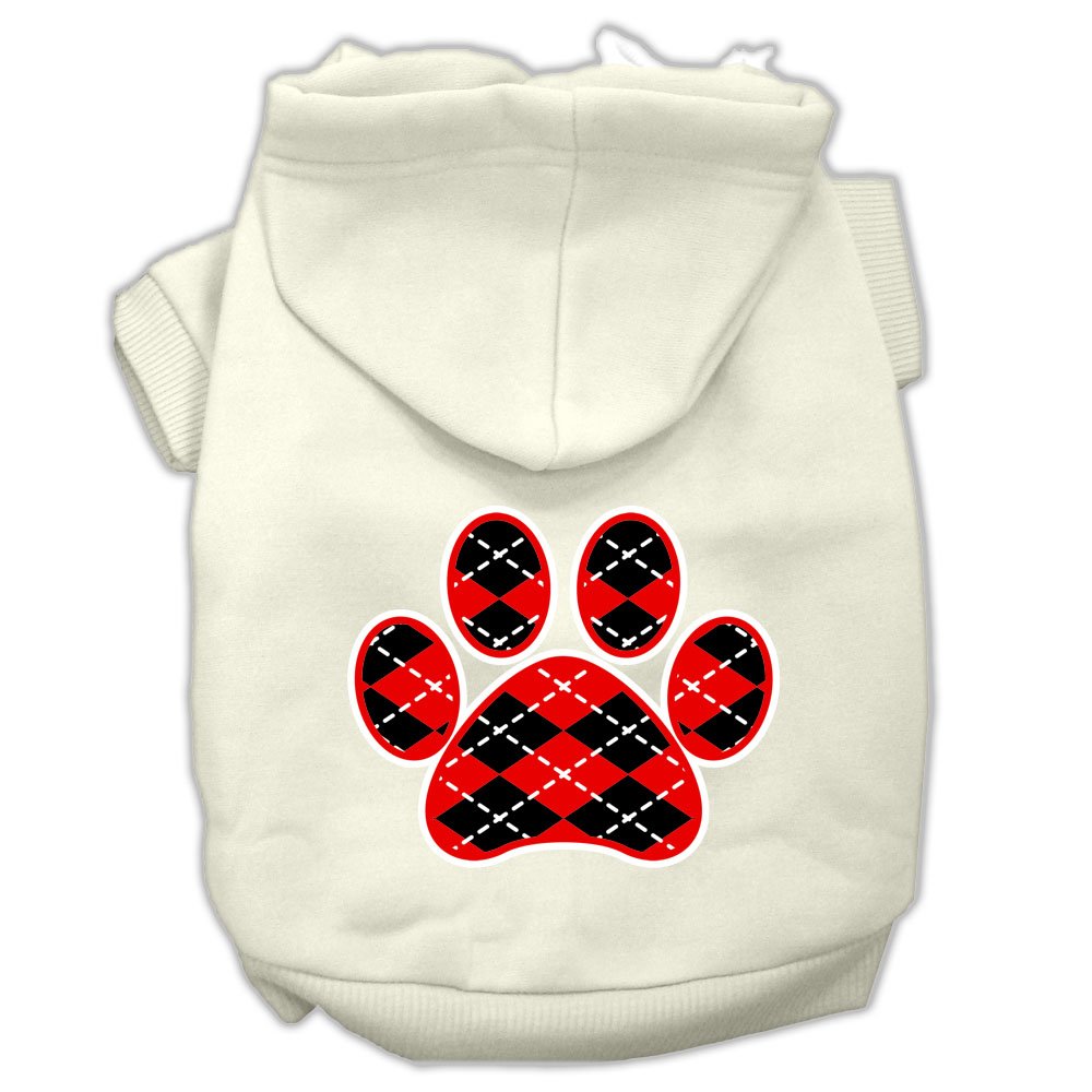Pet Dog & Cat Hoodie Screen Printed, 'Red Argyle Paw' Cream Md (6-10 Lbs.)