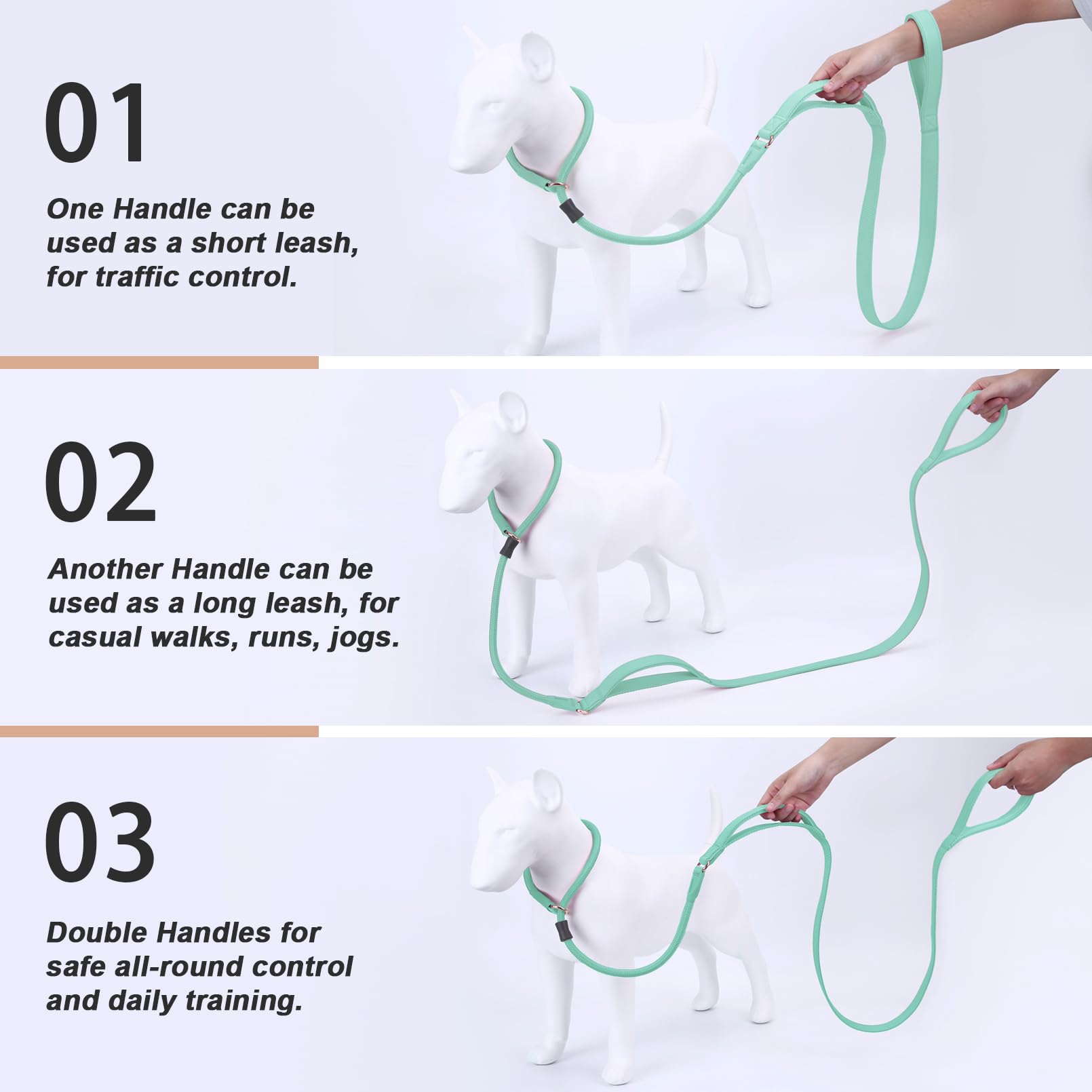 Aaufilux Slip Lead Dog Leash, Double Handle, Soft Leather, Heavy Duty Nylon, No Pull Walking, 5Ft Mint Green