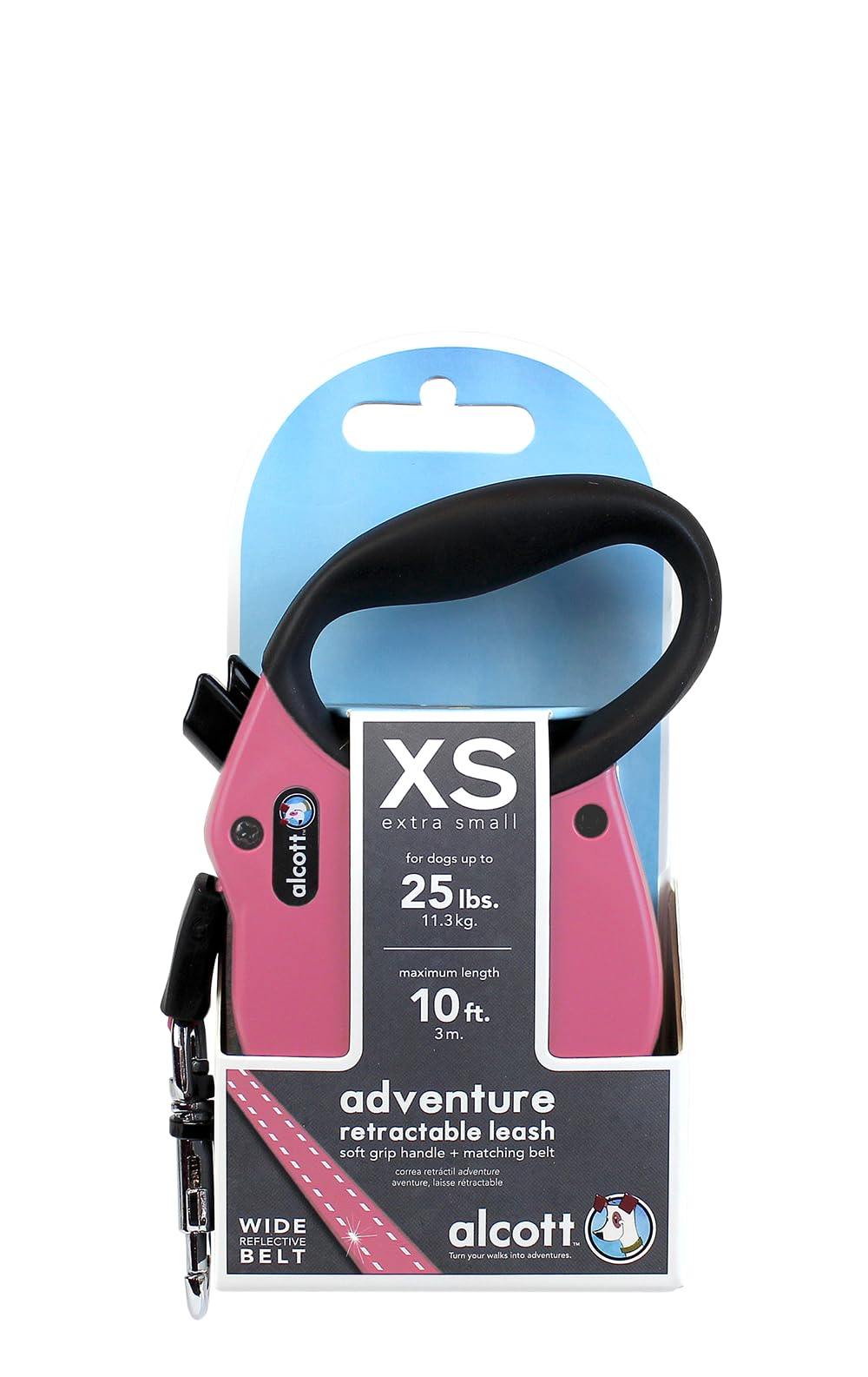 Alcott Adventure Retractable Reflective Belt Leash, 10' Long, Extra Small For Dogs Up To 25 Lbs, Pink With Black Soft Grip Handl