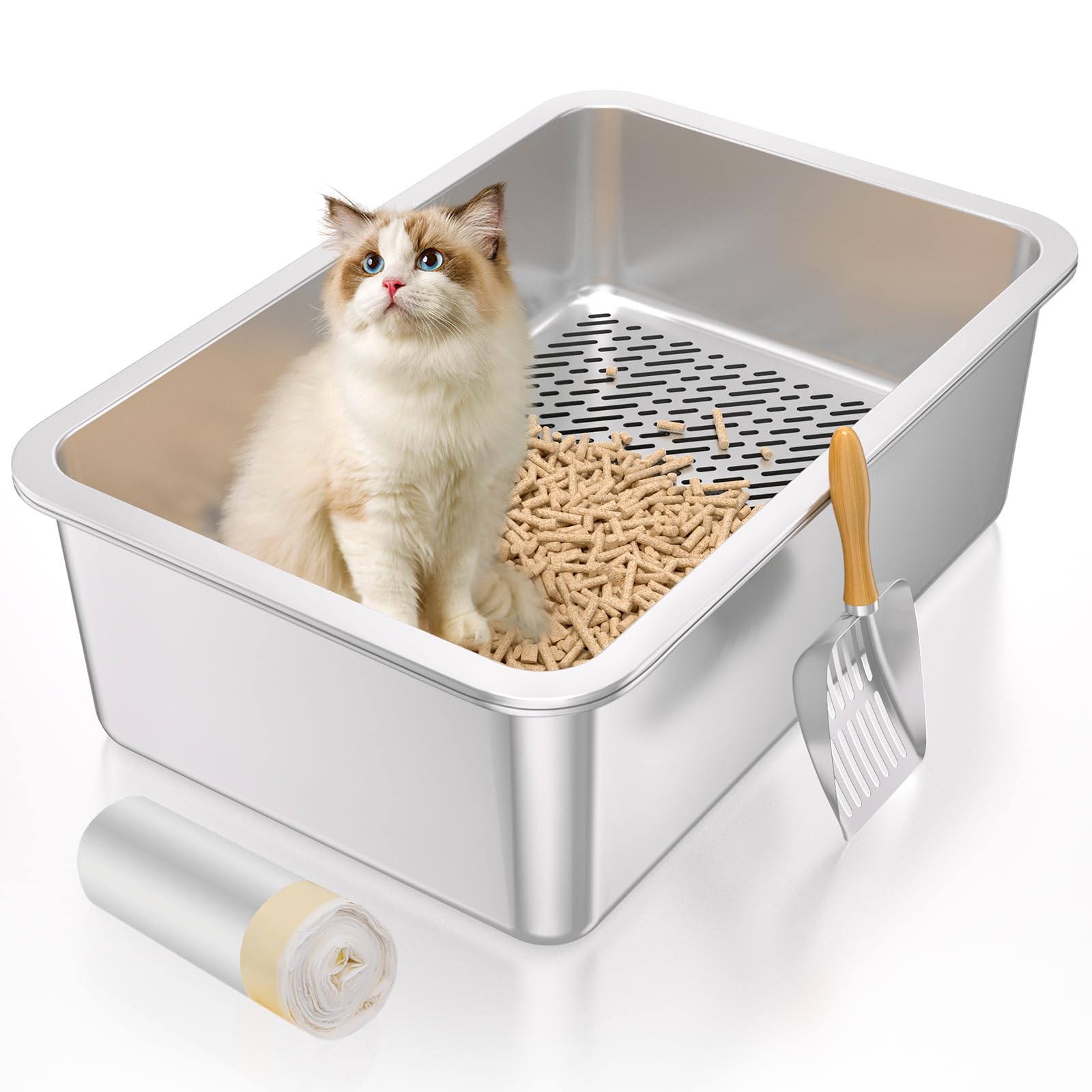 XL Stainless Steel Sifting Litter Box for Big Cats,Metal Sifting Cat Litter Box for Wood Pine Pellets,Extra Large Sifter Litter 