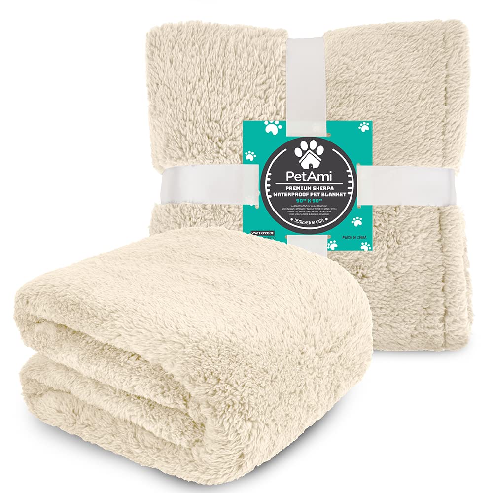 Petami Fluffy Waterproof Dog Blanket Fleece | Soft Warm Pet Fleece Throw For Large Dogs And Cats | Fuzzy Furry Plush Sherpa Throw Furniture Protector Sofa Couch Queen Bed (Beige Cream, 90X90)