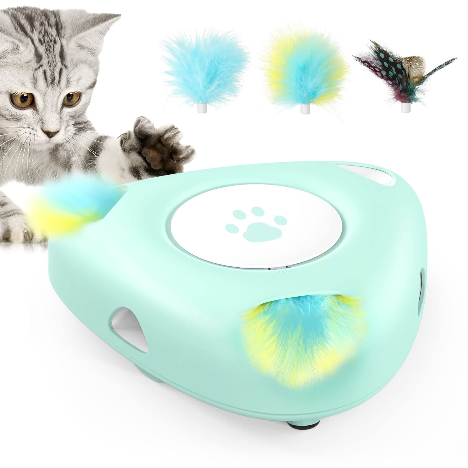 Pawaboo Interactive Cat Toys, Automatic Cat Exercise Teaser Toy With 3 Replacement Rotating Feathers, Automatic Electronic Rotating Teaser Kitten Toy For Indoor Cats, Kitty, Pet - Lake Blue