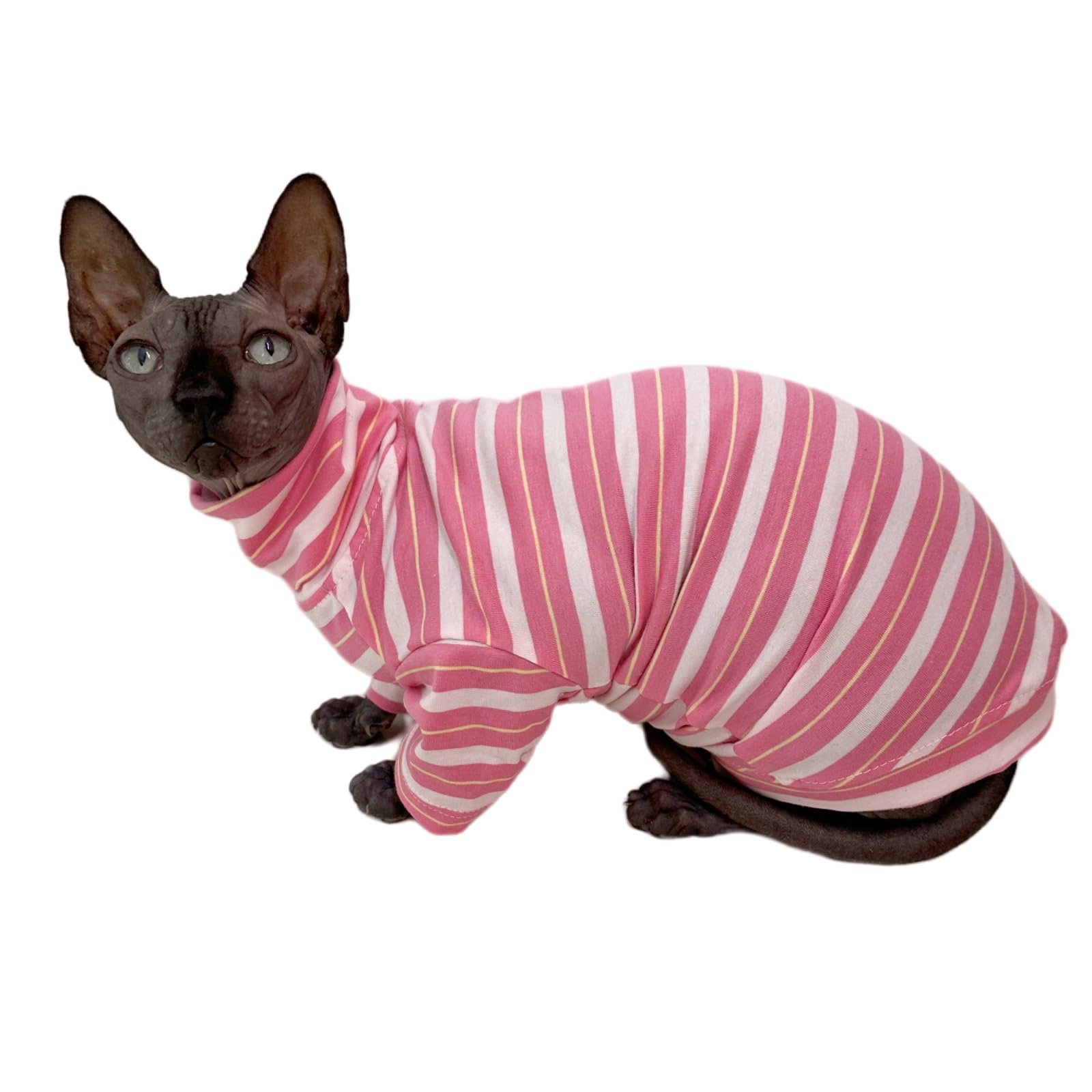 Vintage Stripes Sphynx Hairless Cats Shirt Cotton Cat Turtleneck Pet Clothes Kitten T-Shirts With Sleeves For Sphynx Cats (Sakur