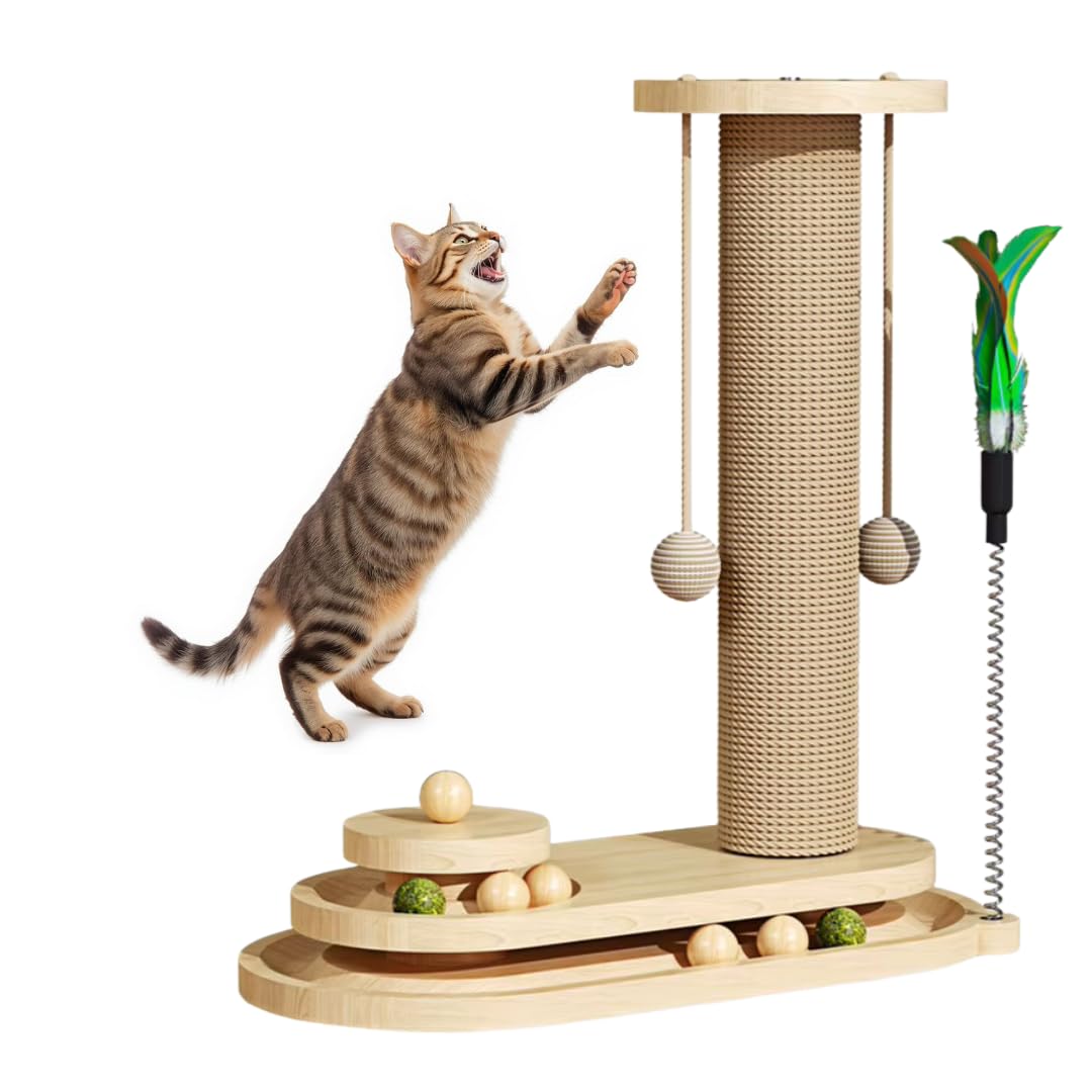 Shopipistic Solid Pine Wood Cat Toy Scratching Post With Roller Ball Track, Catnip Balls & Feather Teaser  Sisal Scratcher Towe