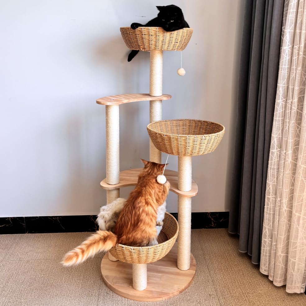54'' Modern Cat Tree For Large Cats, Wood Luxury Multi-Level Oak Solid Wood Cat Trees Cat Towers With 3 Rattan Weaving Cat Nests