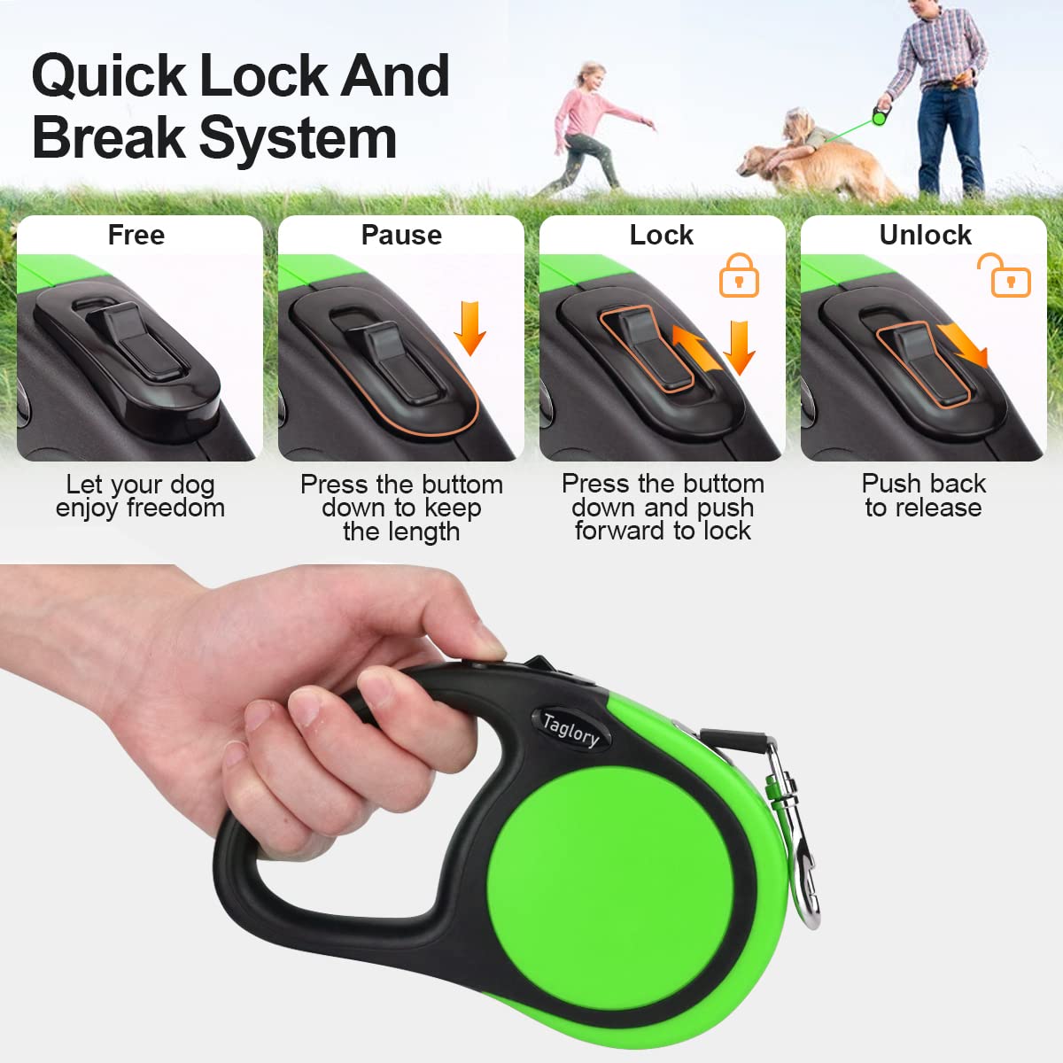 Taglory Retractable Dog Leash, 16Ft No Tangle Leash Retractable For Medium And Large Dogs Up To 100 Lbs, One-Handed Brake, Pause