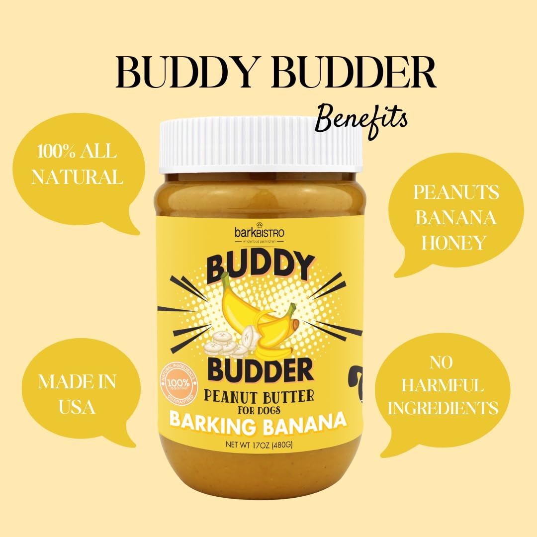 BUDDY BUDDER Barkin Banana, 100% Natural Dog Peanut Butter, Healthy Peanut Butter Dog Treats, Stuff in Toy, Dog Enrichment, Pil