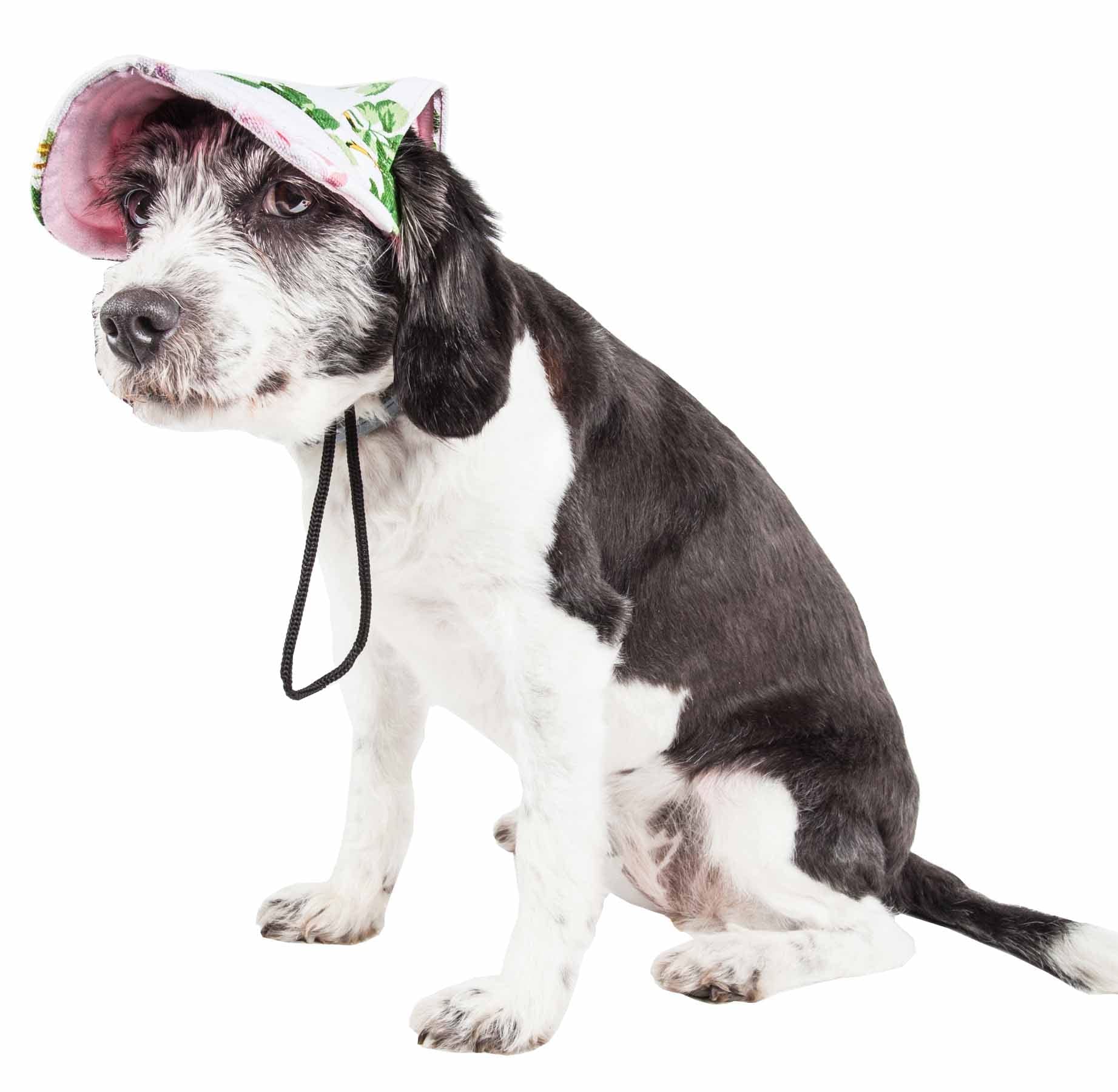 Pet Life ® 'Botanic Bark' Floral Patterned Dog Hat With Uv Coverage Protection - Provides More Shade Than A Dog Banadana - Features Ear Holes And Adjustable Jaw-Strings For Quick Slip-On Access