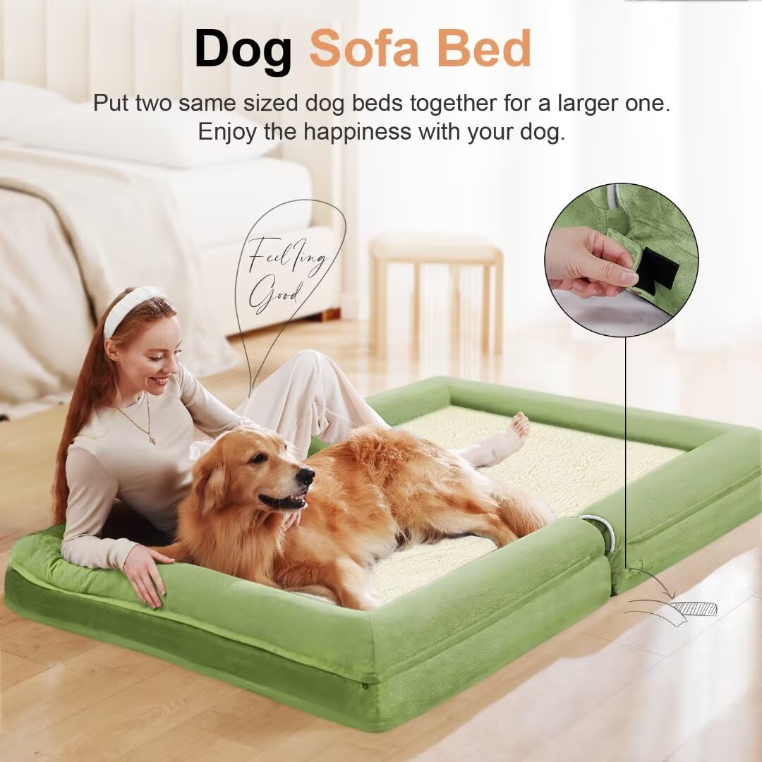 Large Dog Bed Orthopedic Washable: Jumbo Dog Bed Bolster Extra Large Dogs Egg Crate Foam Sofa Couch Waterproof Removable Cover - Grass Green