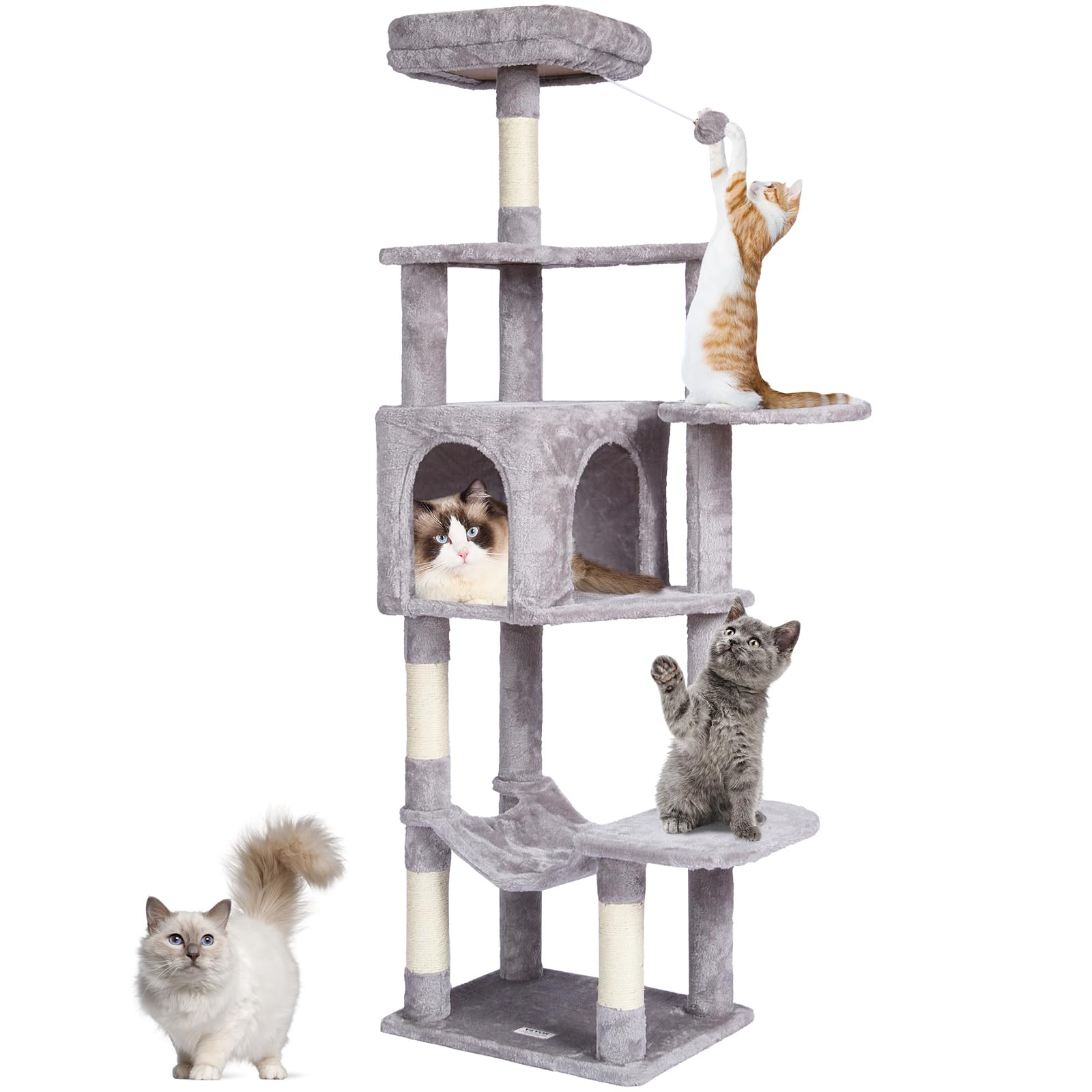 VEVOR Cat Tree 60.6 Cat Tower with Cat Condo Sisal Scratching Post Light Grey