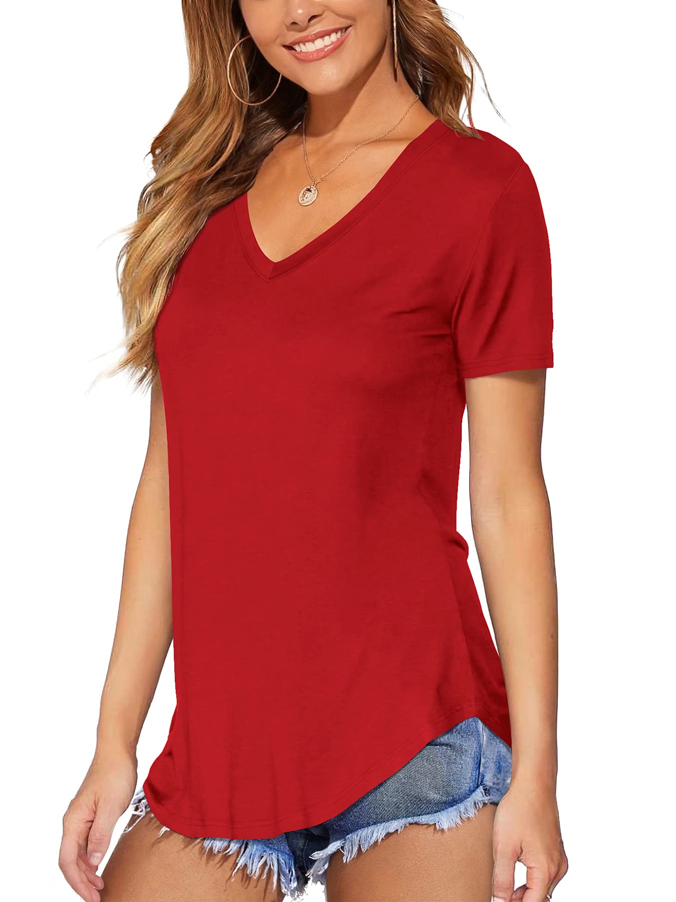 Dittyandvibe Women Short Sleeve V Neck Curved Hem Tunic Tops T Shirts (Red,S)