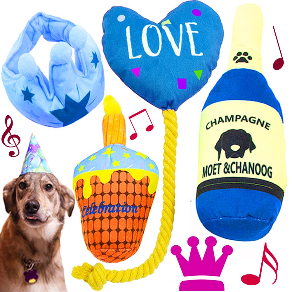 Party Gift Champagne, Crown, Balloon, Cake Dog Chew Happy Birthday Interactive Plush Pet Toys For All Breeds, Blue Version