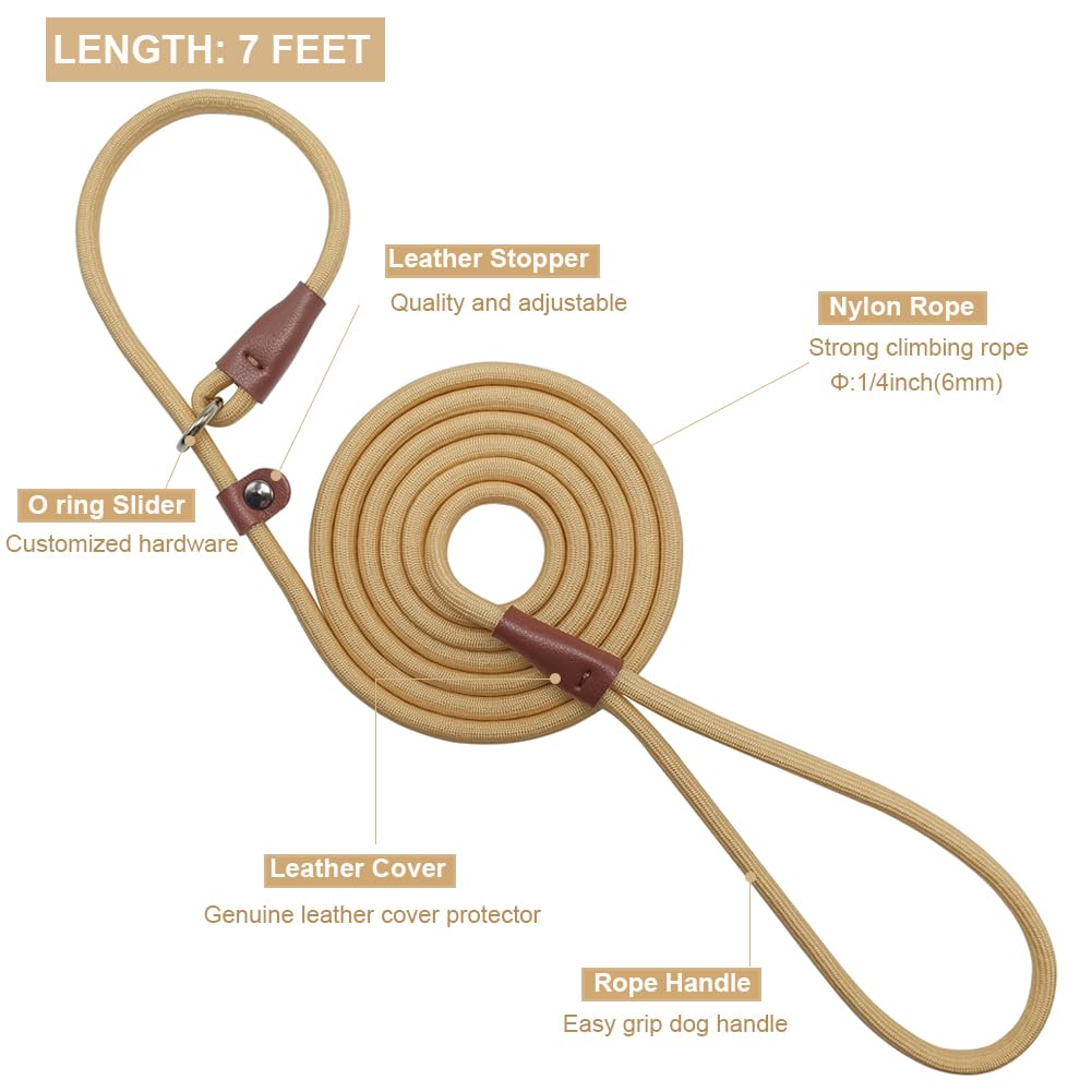 Btinesful 7Ft Slip Lead Dog Leash, Strong Nylon Rope Leash, 1/4 Inch Diam Dog Training Lead For Small Medium Large Dogs, Beige
