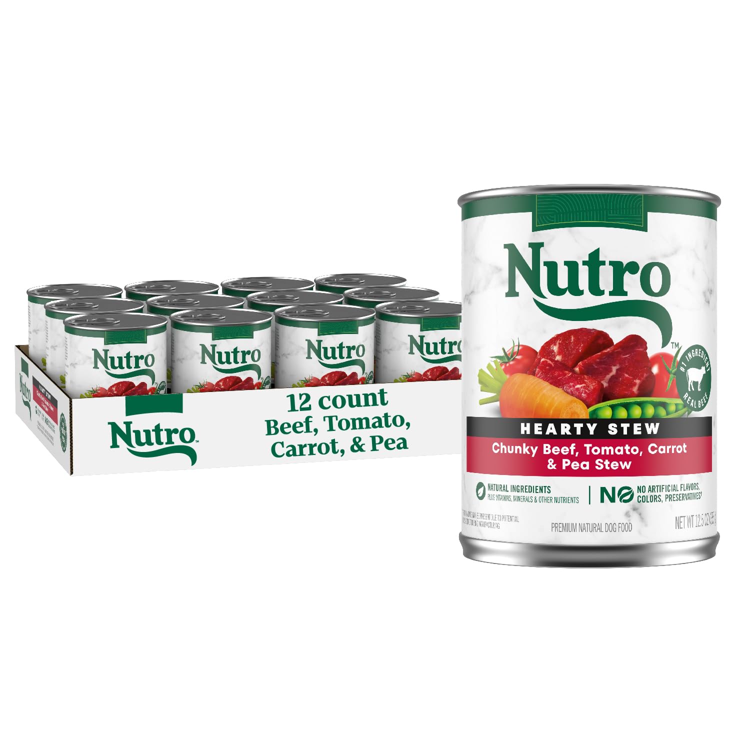 Nutro Hearty Stew Adult Natural Grain Free Wet Dog Food Cuts in Gravy Chunky Beef, Tomato, Carrot & Pea Stew, 12.5 oz Cans (12 C