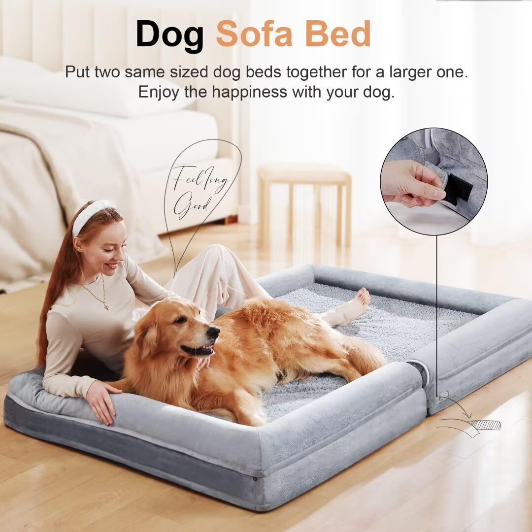 Large Dog Bed Orthopedic Washable: Jumbo Dog Bed Bolster Extra Large Dogs Egg Crate Foam Sofa Couch Waterproof Removable Cover - Grey
