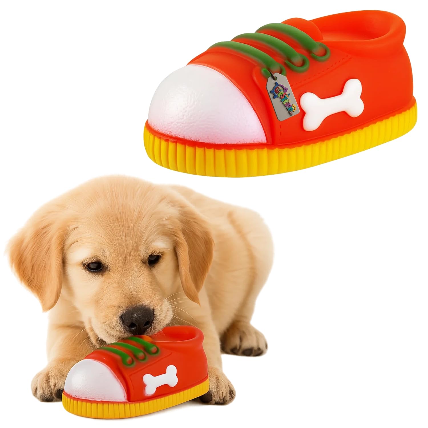 Western Era Rubber Shoe Squeaky Toy For Dogs | Colorful Durable Chew Toy With Bone Print | Interactive Shoe Design With Squeaker