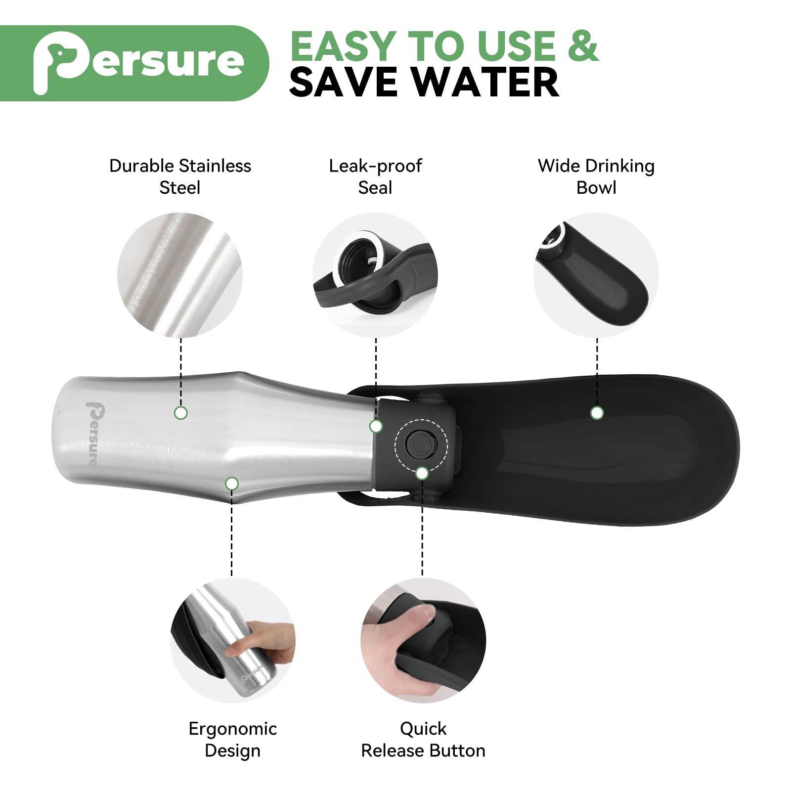 Persure 27 OZ Dog Water Bottle Portable Stainless Steel Convenient Pet Water Dispenser, Leak Proof Puppy Travel Water Bowl for D