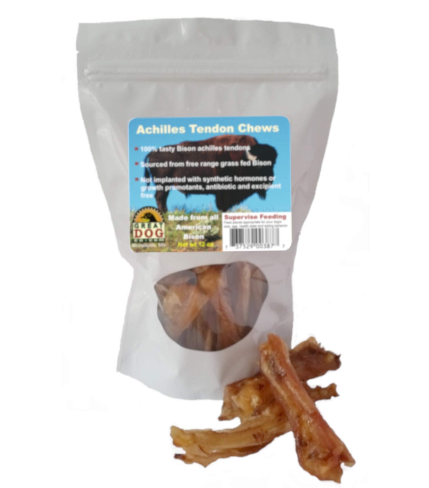 Great Dog Bison Achilles Tendon Chews - 12 oz Bag | All-Natural, Long-Lasting, USA Sourced & Made | Hypoallergenic, Grain-Free D
