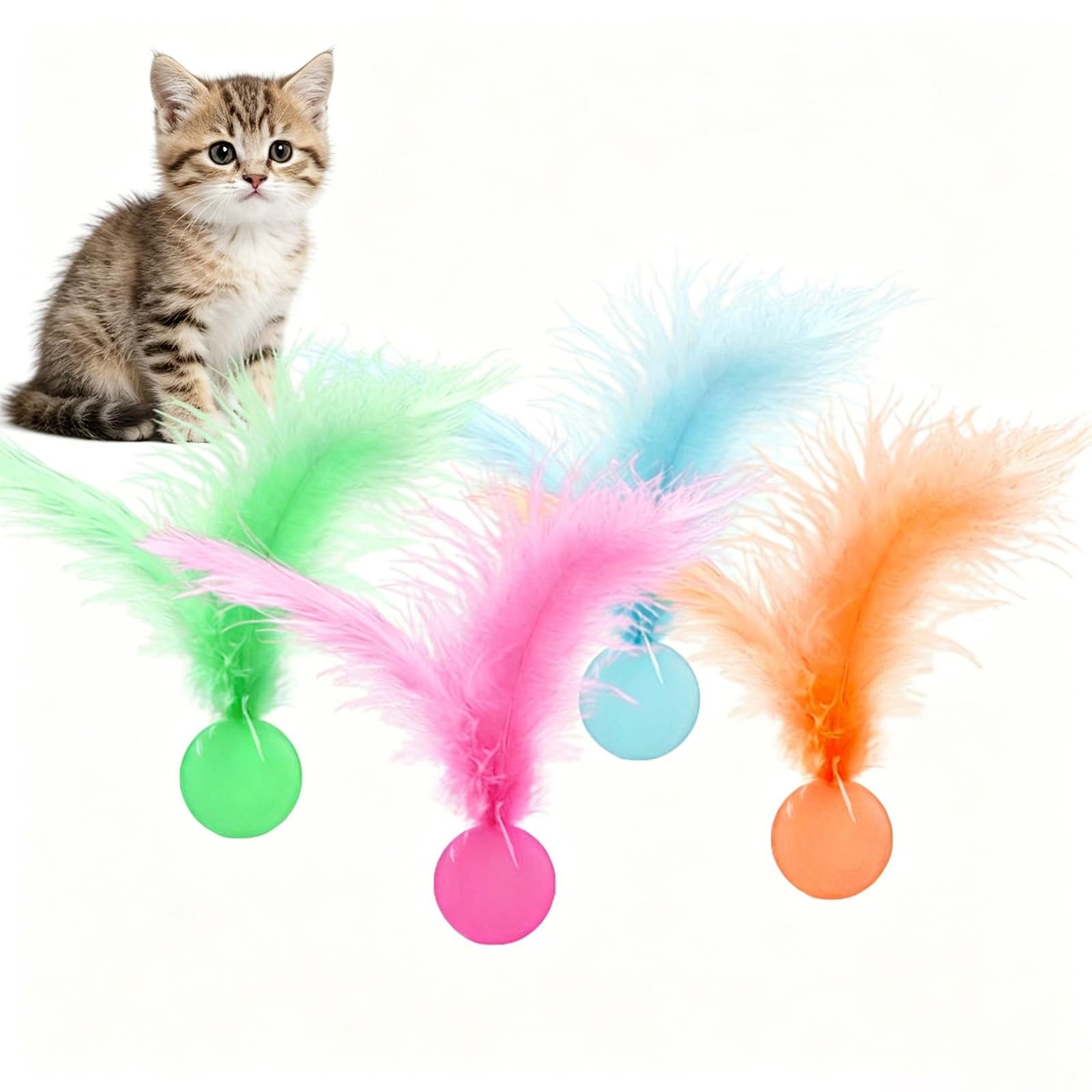 Cat Bouncy Ball, Indoor Cat Feather Toy For Exercise And Play, 4Pcs Rubber Ball With Feathers For Cats, MultiColor Set For Bond