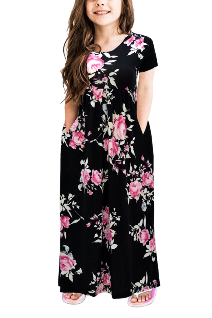 Gorlya Girls Short Sleeve Floral Print Loose Casual Long Maxi Dress With Pockets 4-12 Years (11-12Yearsheight:150Cm, Black Print
