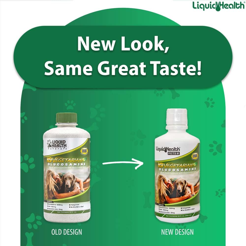 LIQUIDHEALTH K9 Vegetarian Liquid Glucosamine Juice - Hip & Joint Health, 32 oz (2 Pack) - USA Made, with Chondroitin, MSM, Omega 3