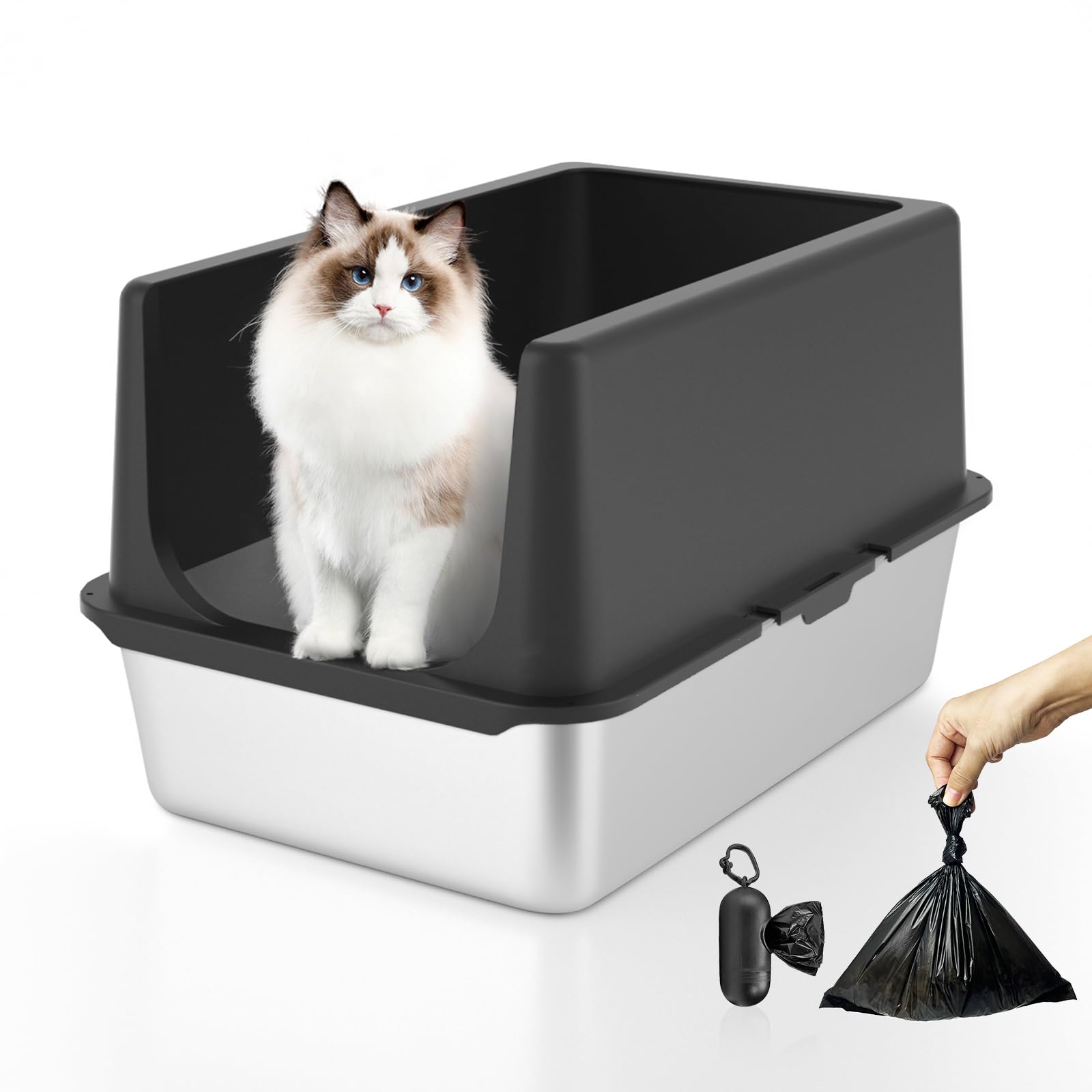 Stainless Steel Litter Box, Large Litter Box With Lid, Splash Proof, Or Rusts, Black (23.5'' L X 15.5'' W X 14'' H)