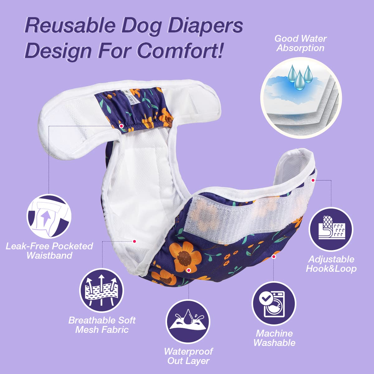 Pet Soft Washable Female Dog Diapers (3 Pack) - Reusable XS Doggy Diapers in Cute Flower for Period Heat