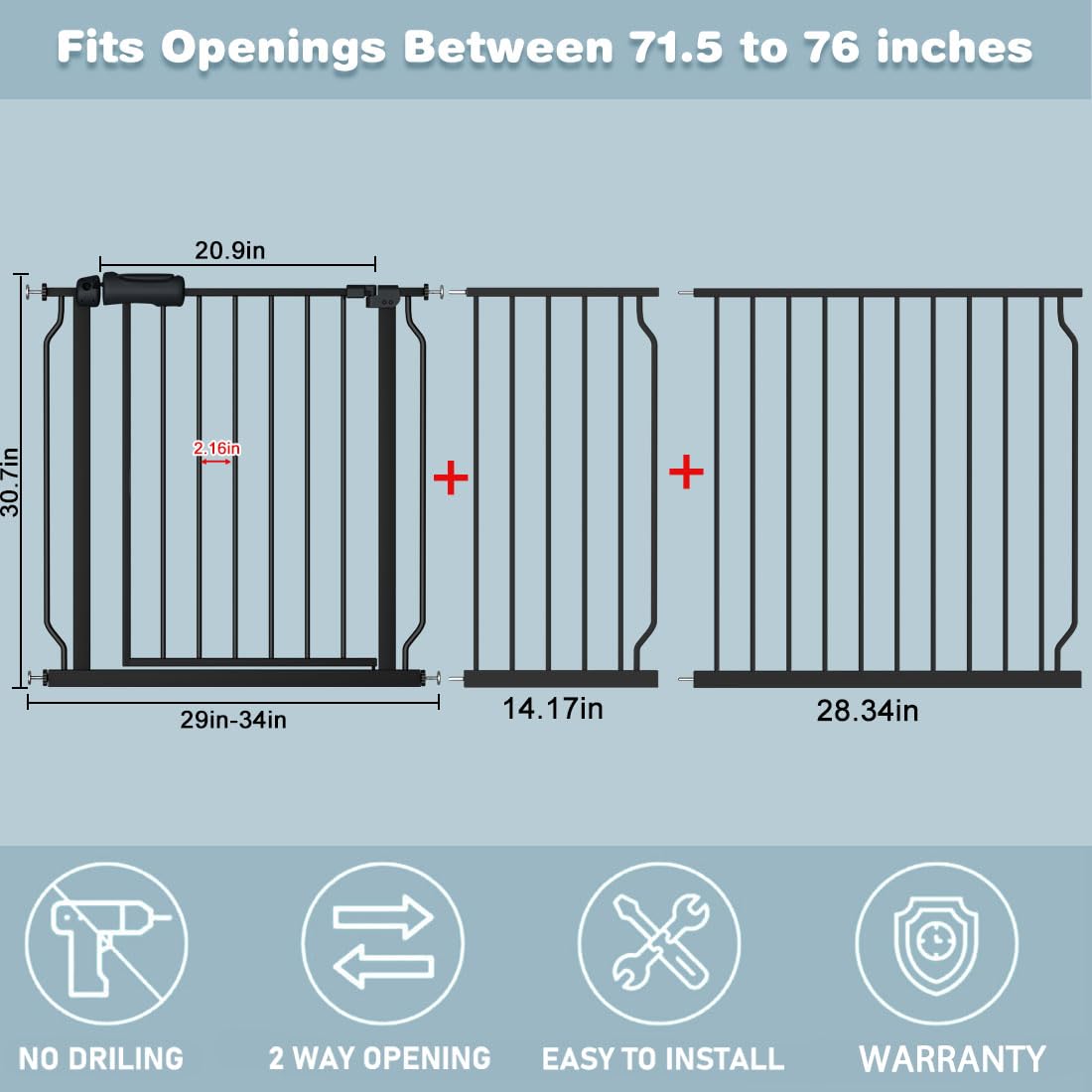 Flower Frail Extra Wide Baby Gate 71.6-76.37 Inch Black, Walk Through Pressure Mounted No Drill Long Large Tension Metal Gate fo