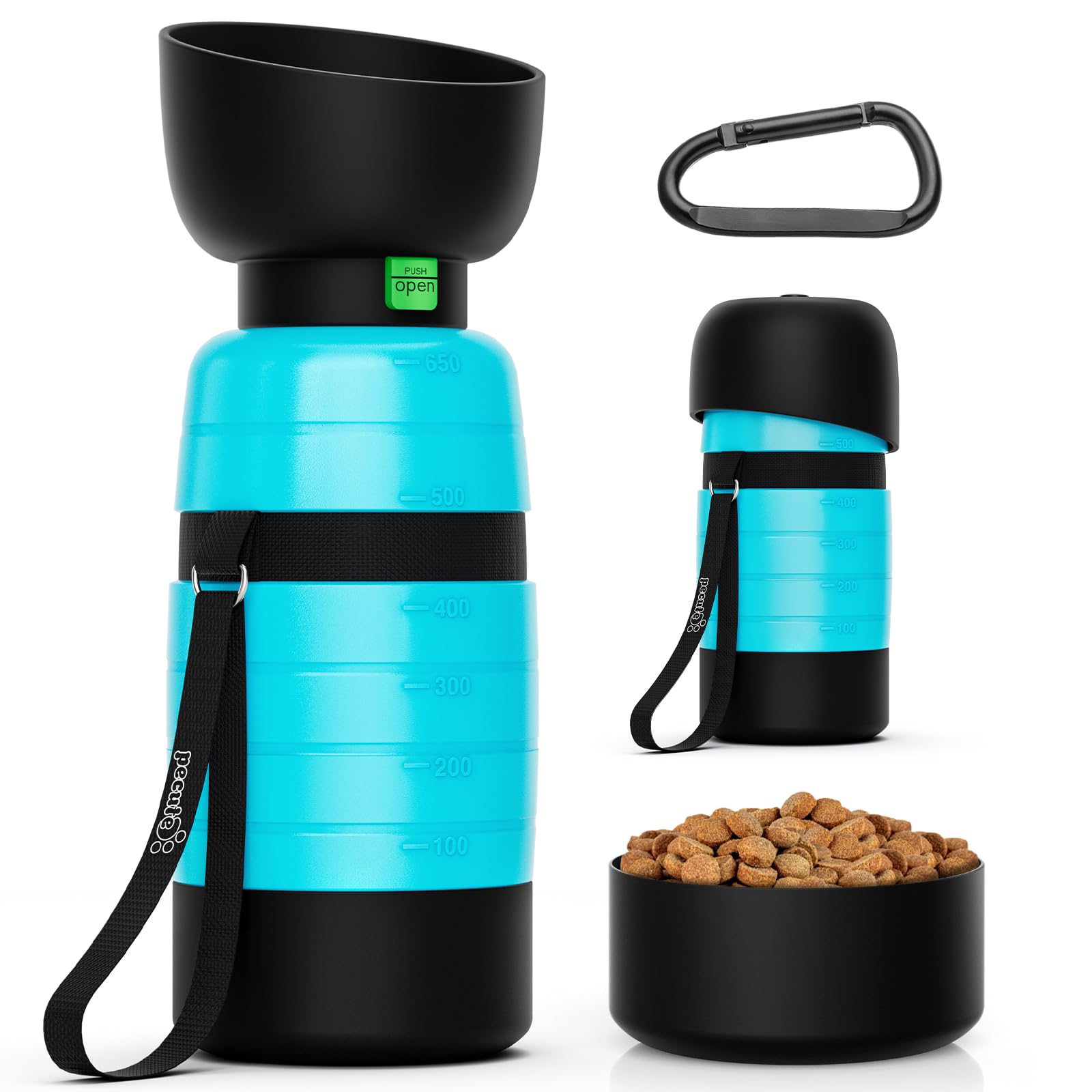 Pecute Upgraded 22 oz Dog Water Bottle with 5 oz Food Container, Portable Dog Travel Water Bottle Dispenser, Leakproof, BPA Free