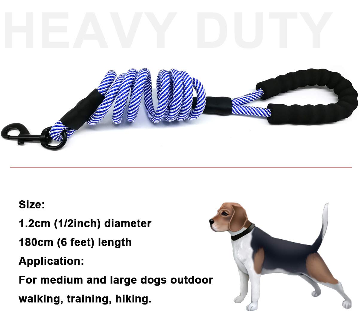 MayPaw Heavy Duty Rope Dog Leash, 3/4/5/6/7/8/10/12/15 FT Nylon Pet Leash, Soft Padded Handle Thick Lead Leash for Large Medium
