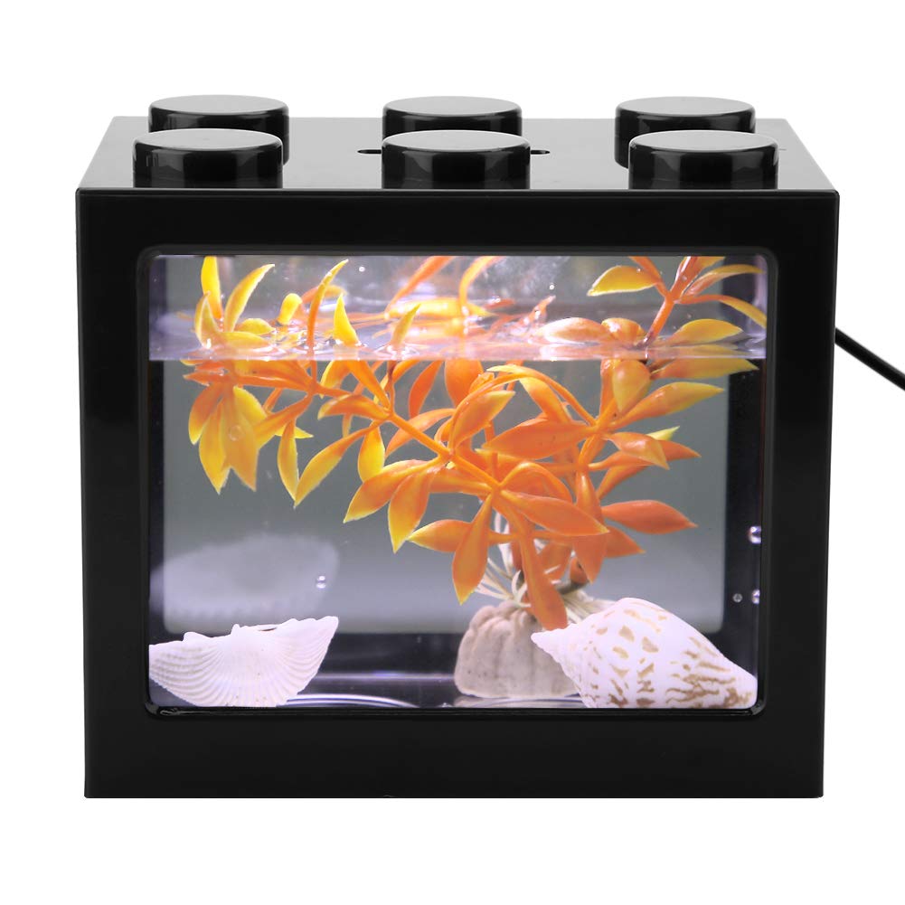 Mini Aquarium Box, Small Betta Fish Multifunctional Usb Rechargeable Fish Tank With Led Light Lamp Reptile Feeding Box Building Block Fish Bowl Home Decor Led Light Feeding Box(Black)