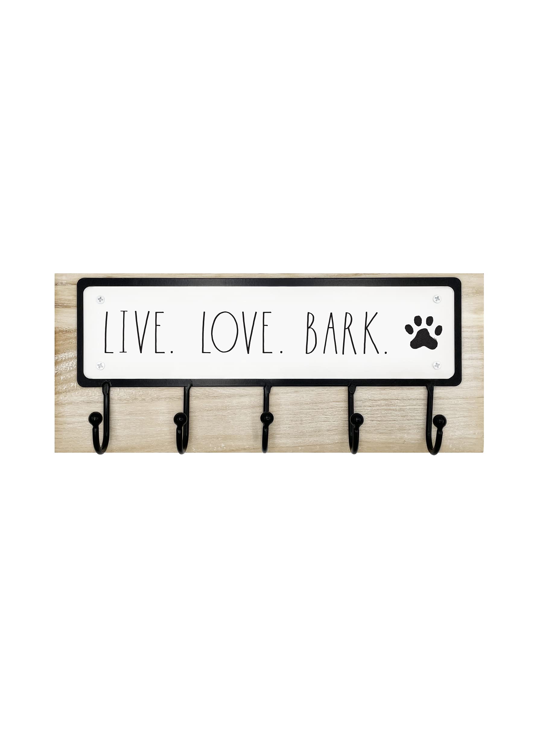 Rae Dunn Dog Leash Holder For Wall - Cute Dog Leash Hook Holder And Wall Mount Hanger Organizer For Pet Items, Keys, Collar And Leashes - Pet Themed Messages With Paw Print - Light Wood
