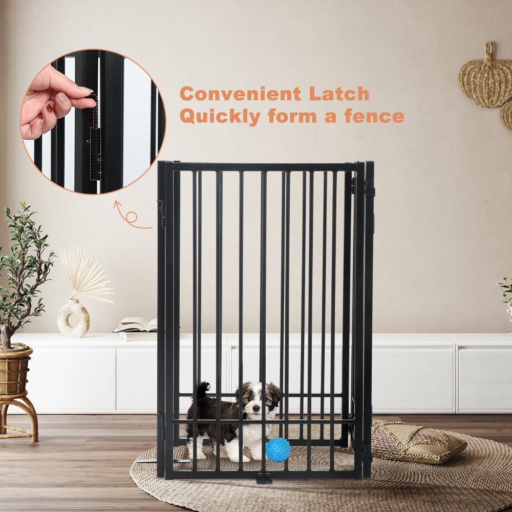 Smonter Free Standing Dog Gate With Door Walk Through, 80.5'' Extra Wide Indoor Dog Fence, 31.5'' Height 4 Panels Foldable Metal