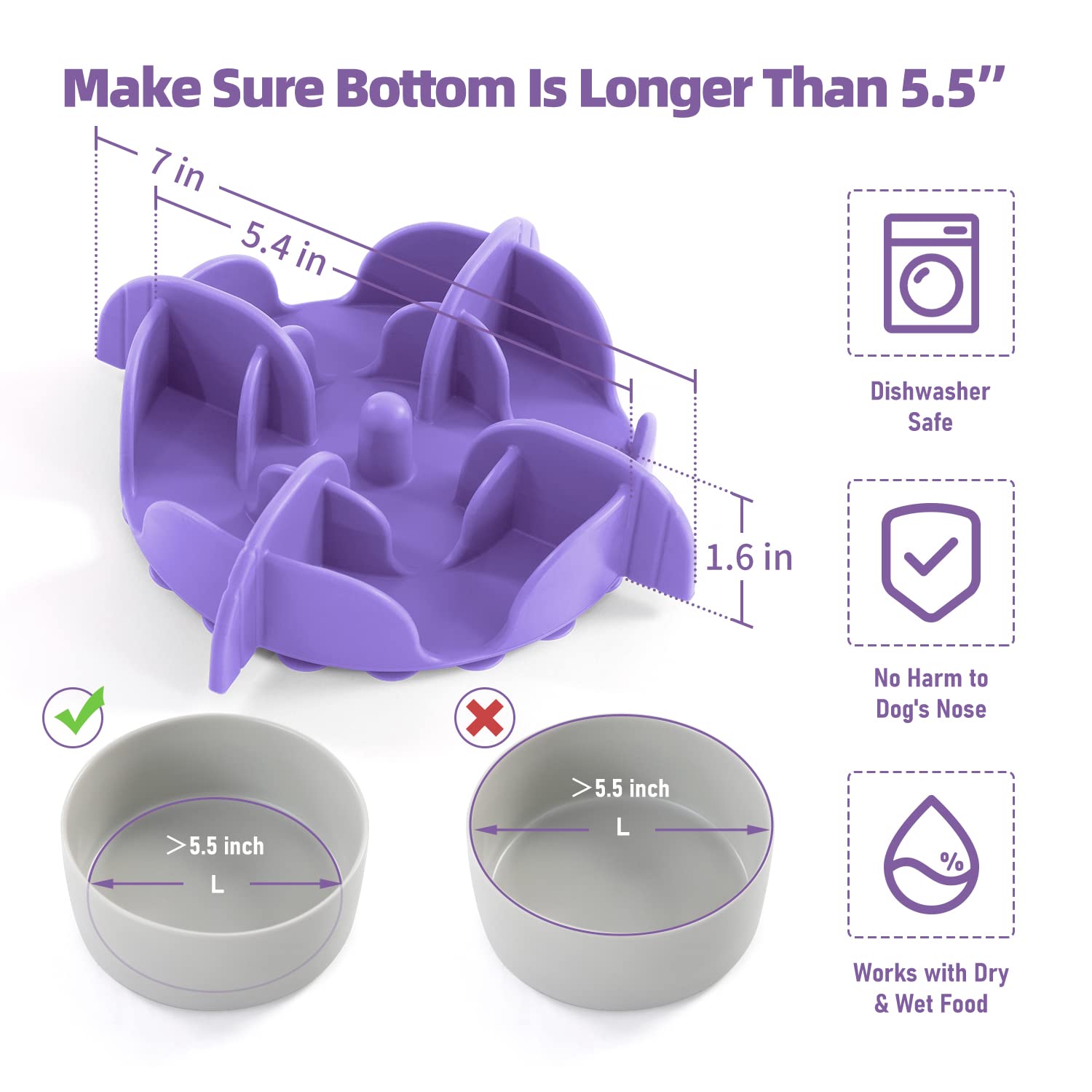 Jaoul Dog Bowl Slow Feeder, X-Large 7 Inch Cuttable Slow Feeder Bowl Insert For Small Medium Large Size Dog Bowls (Large, Purple