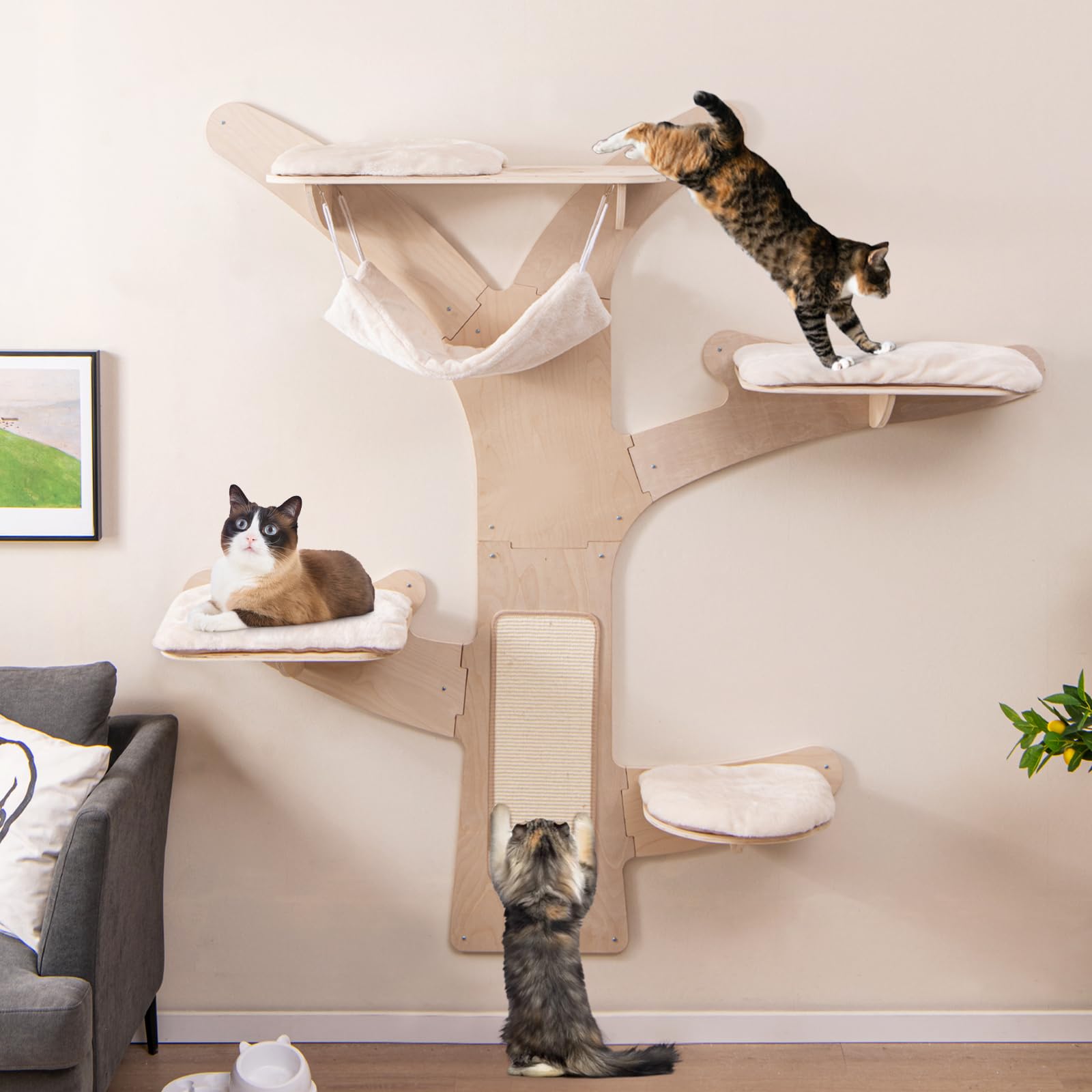 Tangkula Cat Wall Shelves, Wall Mounted Cat Tree Furniture with 4 Padded Platforms, Hammock, Sisal Scratching Mat, Removable & W