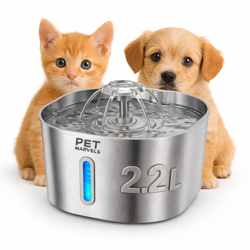 Pet Marvels Stainless Steel Cat Water Fountain - 2.2L/74oz Ultra-Quiet Pump, Visible Water Level, Dual Flow Modes - Automatic Pe