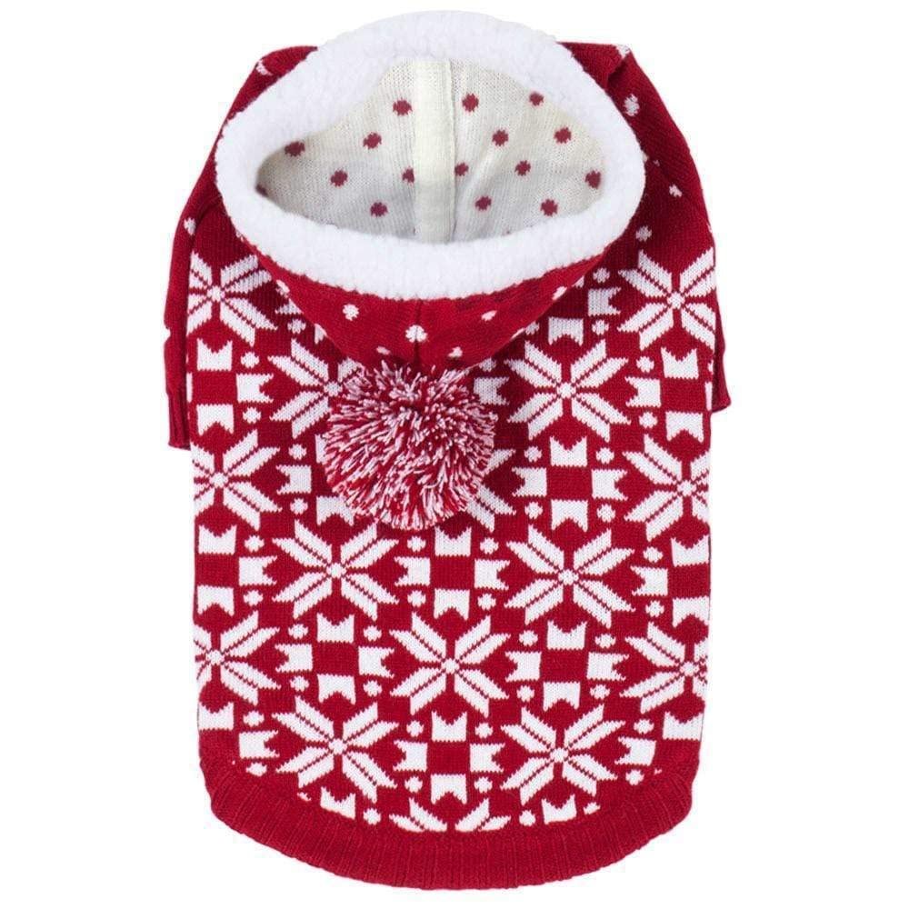 Blueberry Pet Let It Snow Classic Ugly Christmas Holiday Snowflake Pullover Hoodie Dog Sweater In Red And White, Back Length 16', Pack Of 1 Clothes For Dogs
