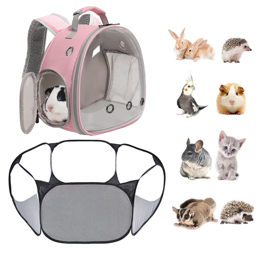 2-Pack Guinea Pig Carrier Backpack and Playpen Set - Breathable Pet Playpen Pop Open Outdoor/Indoor Exercise Fence, Portable Sma