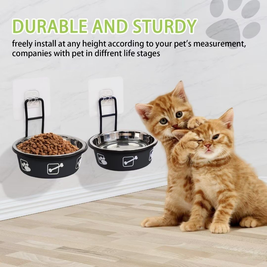 Stainless Steel Wall Mounted Cat Feeding System - Adjustable Elevated Bowls, Nonslip Stand, 2Pack For Cats & Puppies